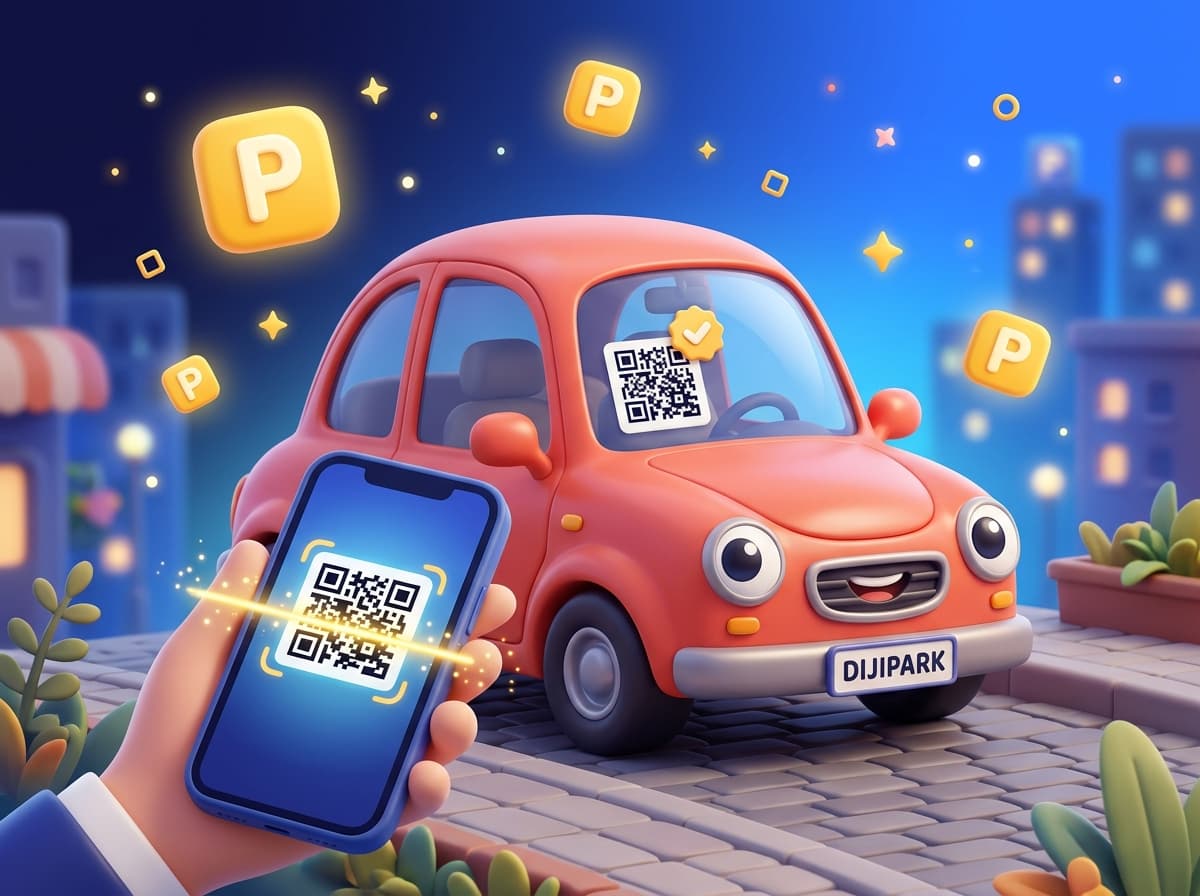 Ön camında dijipark QR etiketi olan sevimli kırmızı araba, telefonla QR okutuluyor